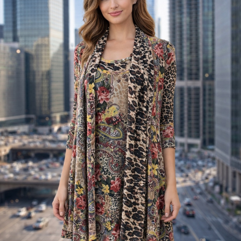 NWOT 2-Piece Layered Hi-Low Dress Animal Floral Print GORGEOUS! 🌸 3 Layered Look